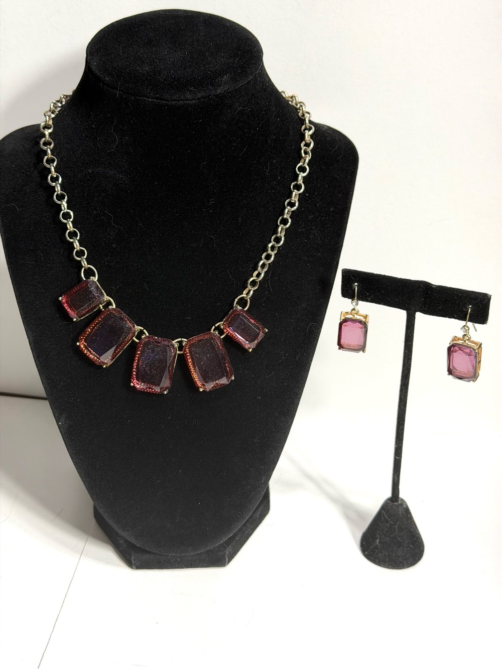 Purple Bezel Set Necklace & Drop Earrings Gold Tone Setting Rhinestone Accents